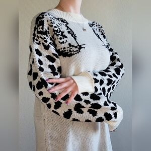 Leopard Sleeve Black & Off-White Knitted Sweater Dress, Size L